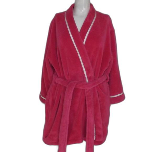 KATE SPADE Plush Robe, M, Bold Pink, Wrap Front, Sash Belt, Fuzzy, Washable - Picture 13 of 14